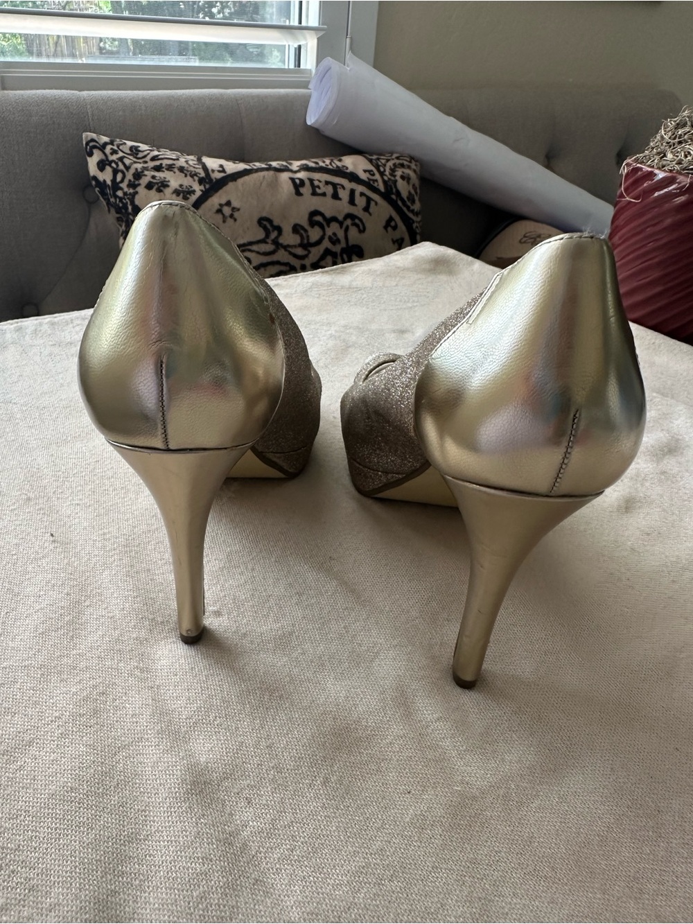 Alfani Fairtax Champagne Gold Bronze Glitter Peep Toe Heels Size 8M - Picture 4 of 10